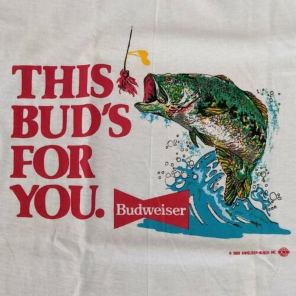 Vtg Budweiser Medium Mouth Bass Medium T-Shirt This Bud's For You Single Stitch